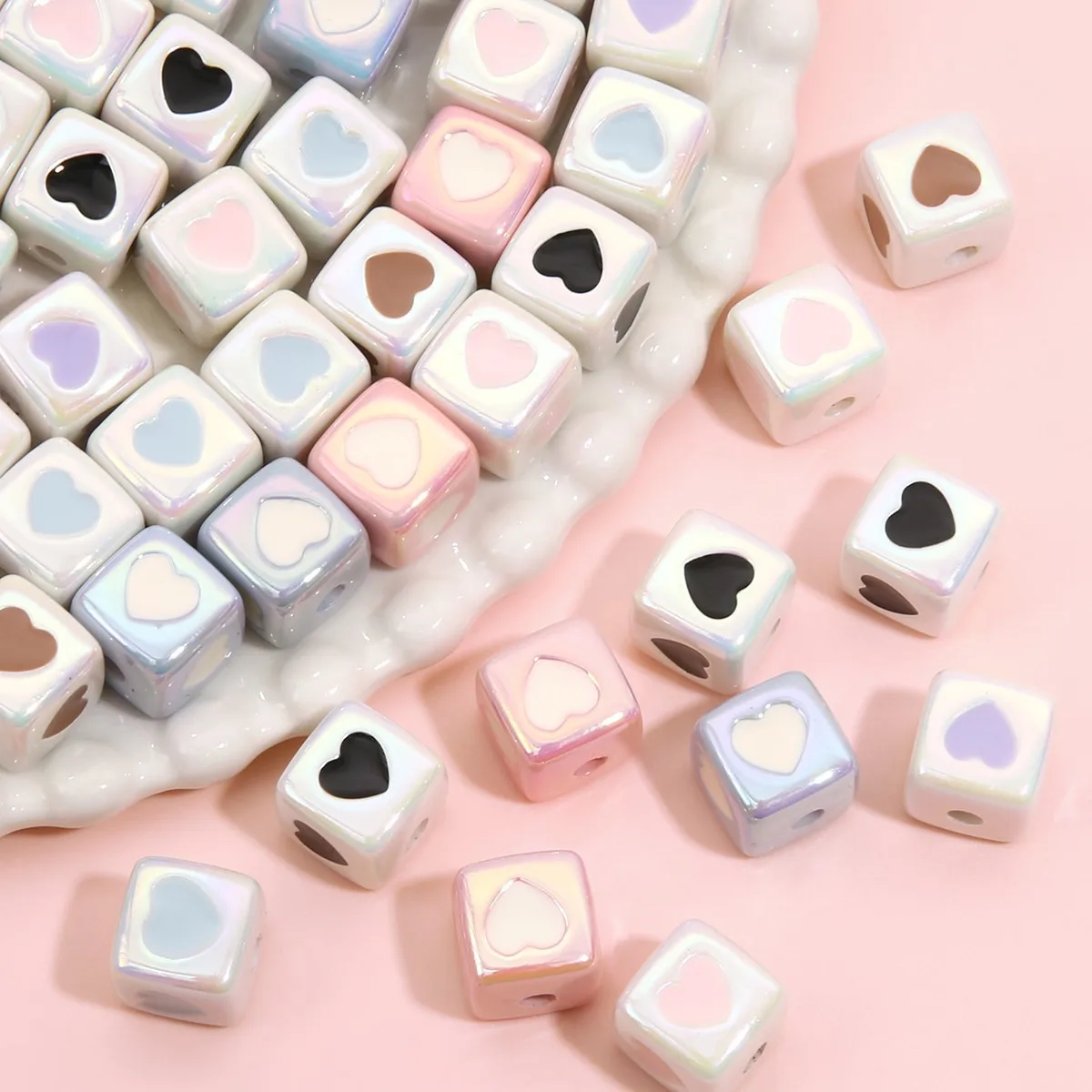 2pcs/lot DIY Jewelry Findings Cube Sqaure Acrylic Jewelry Beads with Oil Drop Love Heart Printing Ornament Accessories