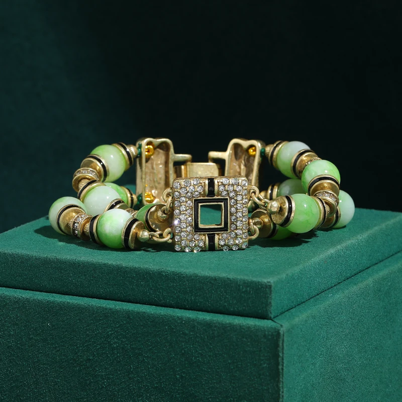 

Vintage Green Glaze Bead Chain Bracelet For Jewelry Making Antique Square Gold Color Block Luxury New 2026 Arrival Ladies Gift