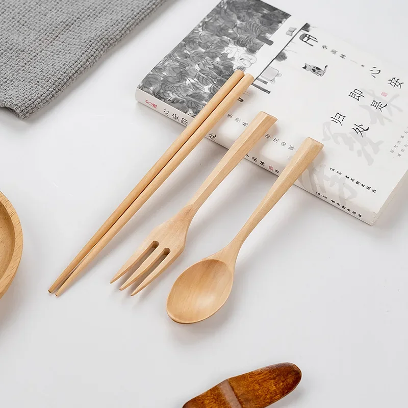 Wooden Spoon Kitchen Korean Style Natural Wood Soup Tableware Cooking Honey Coffee Spoon Mixing Chopsticks Forks Portable Set