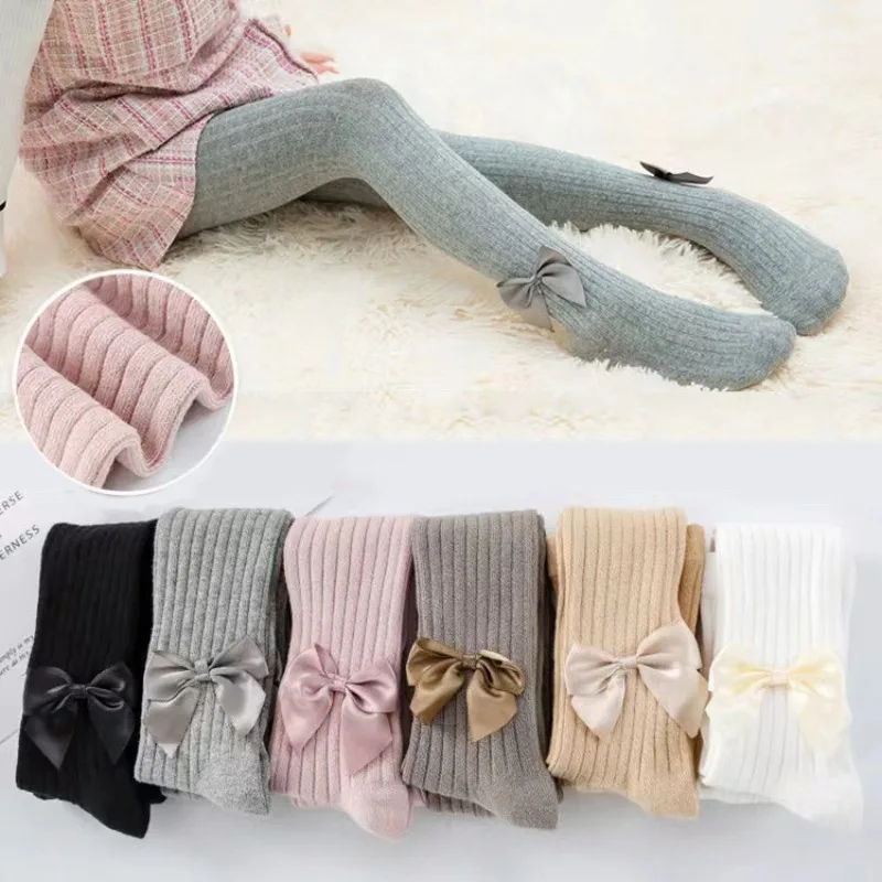 

Весенне-осенние колготки для девочек, хлопковые вязаные колготки с бантом, модные детские колготки, мягкие леггинсы для девочек