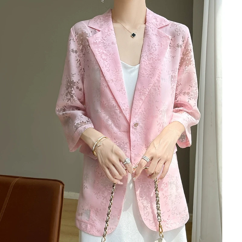Women New Chinese Style 7/8 Sleeve Blazer Satin Jacquard Slim Fit Office Casual Elegant Sun Protection Lightweight Free Shipping