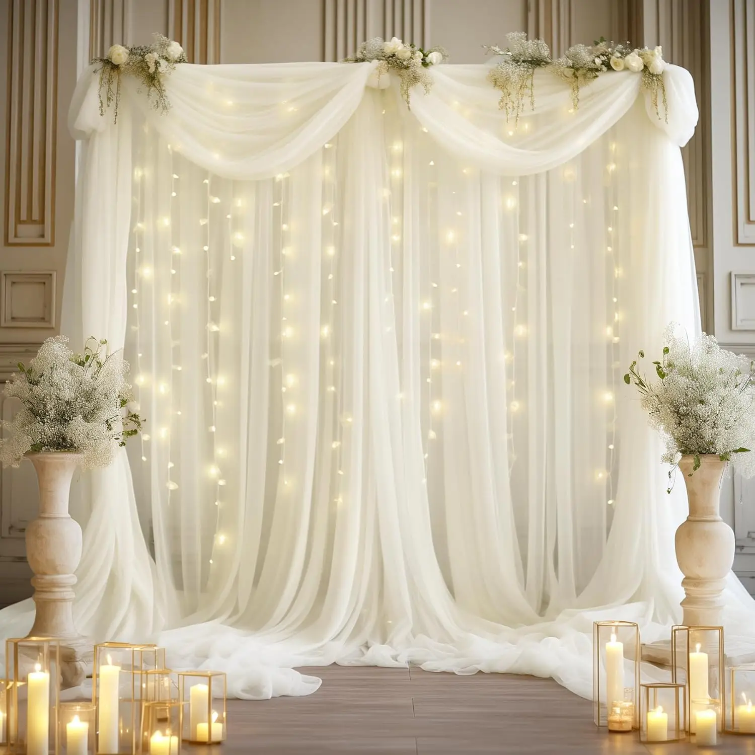 20ftx10ft Ivory Tulle Backdrop Curtain with Lights, 4 Panels 5x10ft Sheer Wrinkle Free Backdrop Drapes for Birthday Party Weddin