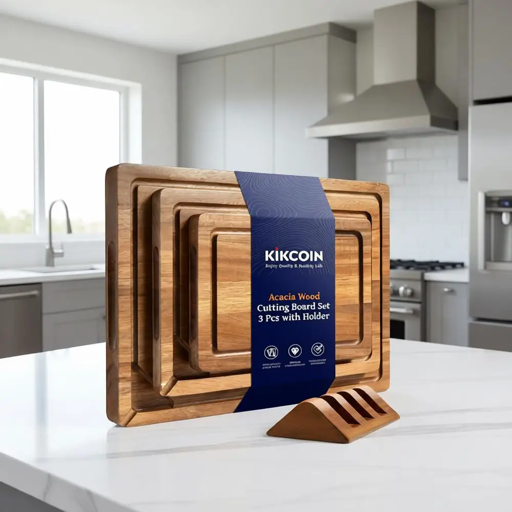 

Набор деревянных разделочных досок из 3 предметов с держателем, встроенными отделениями и пазом для сока, твердым сервировочным подносом для посуды