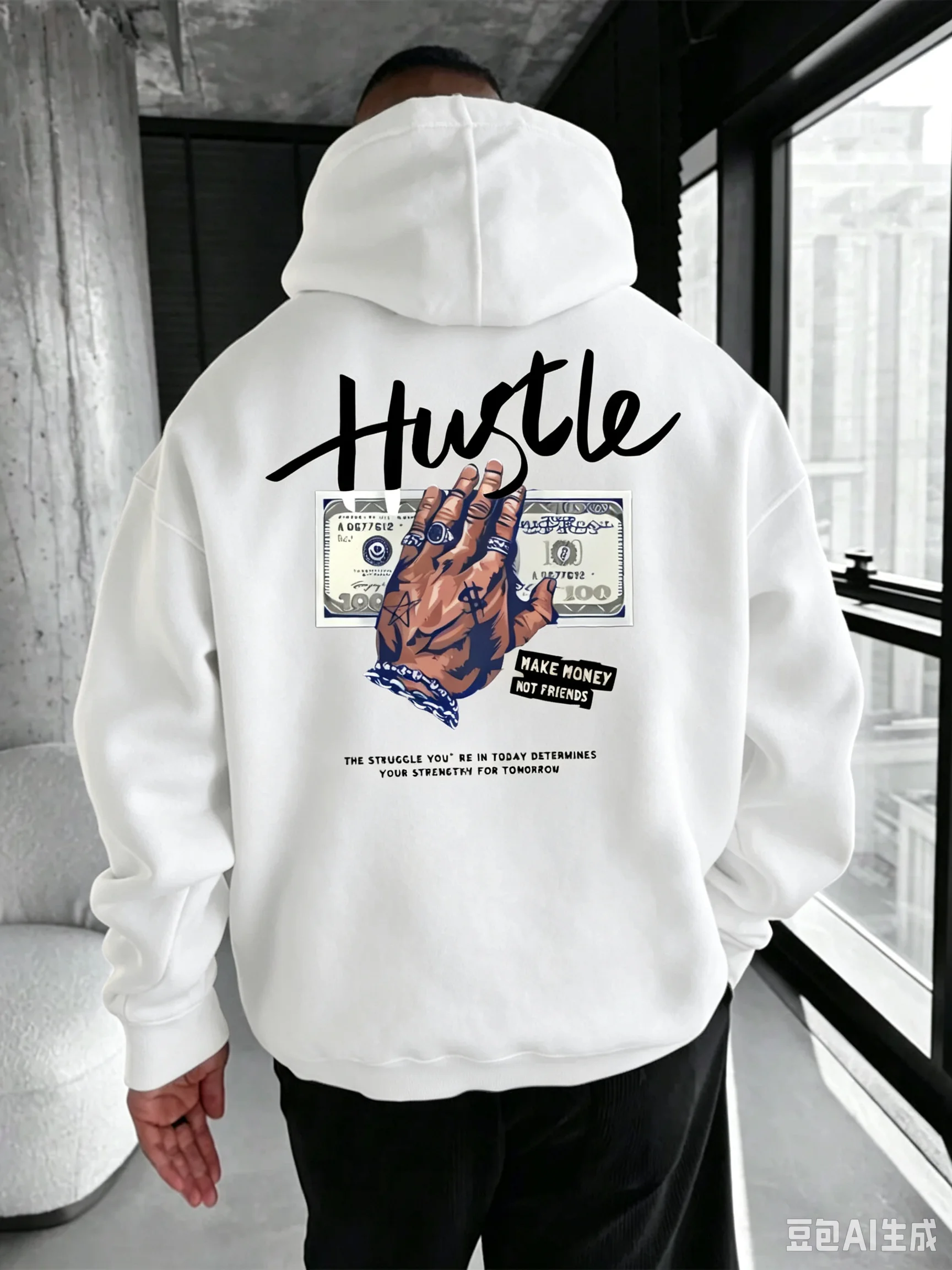 Sudadera con capucha para hombre, ideal para otoño e invierno, sudadera con capucha de felpa cálida con estampado de dólares.