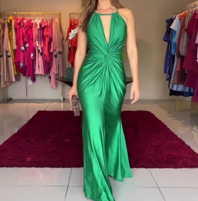 Women's Elegant Style Dress 2024 Spring/summer Latest Party Solid Color Fashion Hanging Neck Fold Design Elegant A-Line Skirt