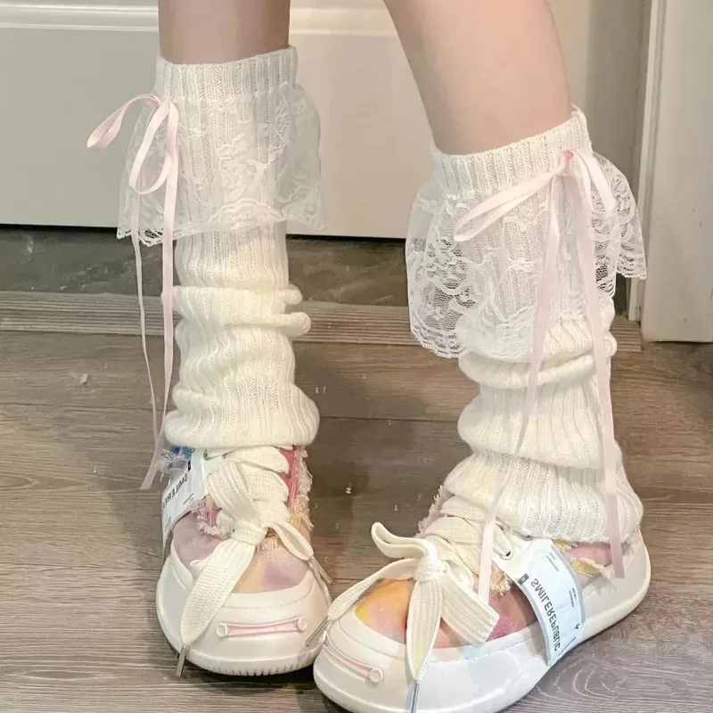 Lolita Knitted Lace Bow Leg Warmers Women Girls Soft Calf Warmer Y2K Long Socks Bow Ribbon Japanese Fashion Casual Leg Warmers