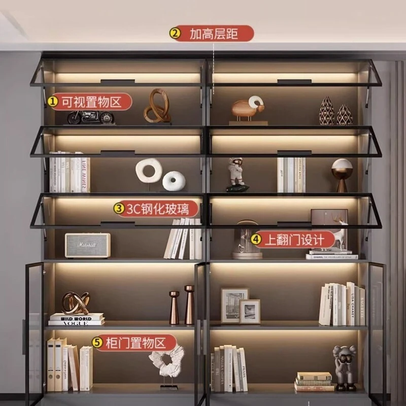 خزانة كتب ذات باب مقلوب مع ضوء عرض باب زجاجي لغرفة المعيشة المنزلية الفاخرة مدمجة بجدار كامل إلى رف الكتب العلوي Foshan