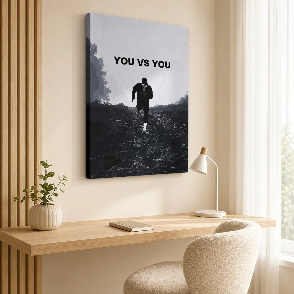 Running Self Challenge Quote Wood Framed Canvas Print Personalized Photo, High Contrast Lettering Wall Art For Training Room