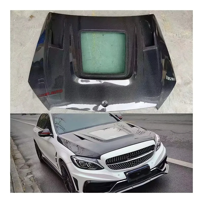 

New for C-Class W205 Engine Hood Carbon Fiber Transparent Style Bolt-On Installation Black Color Bolts-Protection
