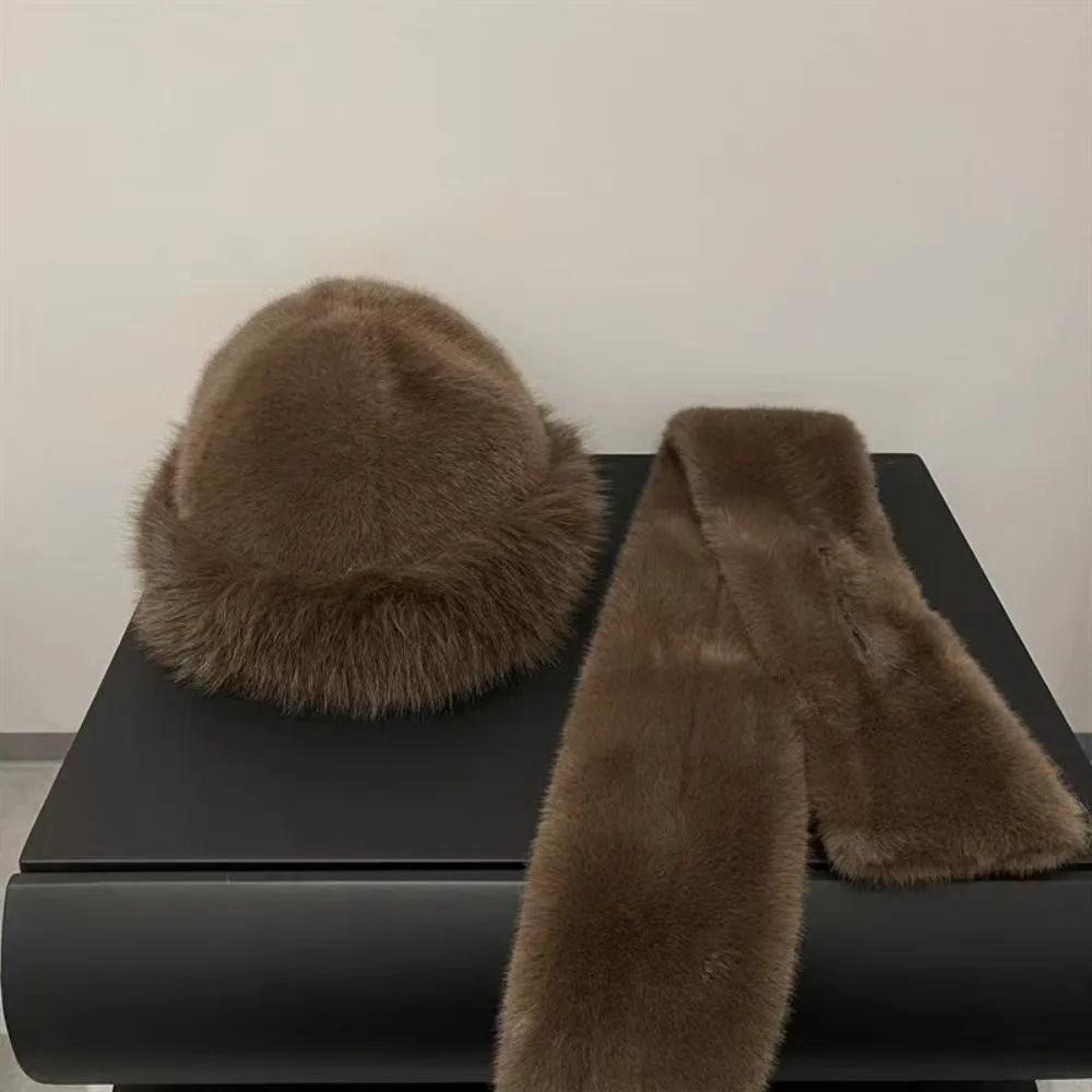 

New Faux Fur Winter Hat Scarf Set Windproof Solid Color Plush Neck Warmer Thick Warm Ear Protection Women