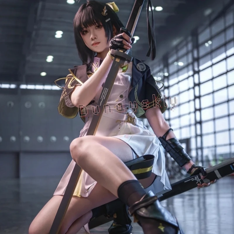 

Костюм для косплея Sparkle Of Evernight Wuthering Waves, новый образ персонажа «Женщина-скиталец», черно-белое академическое платье с золотой отделкой, полный комплект