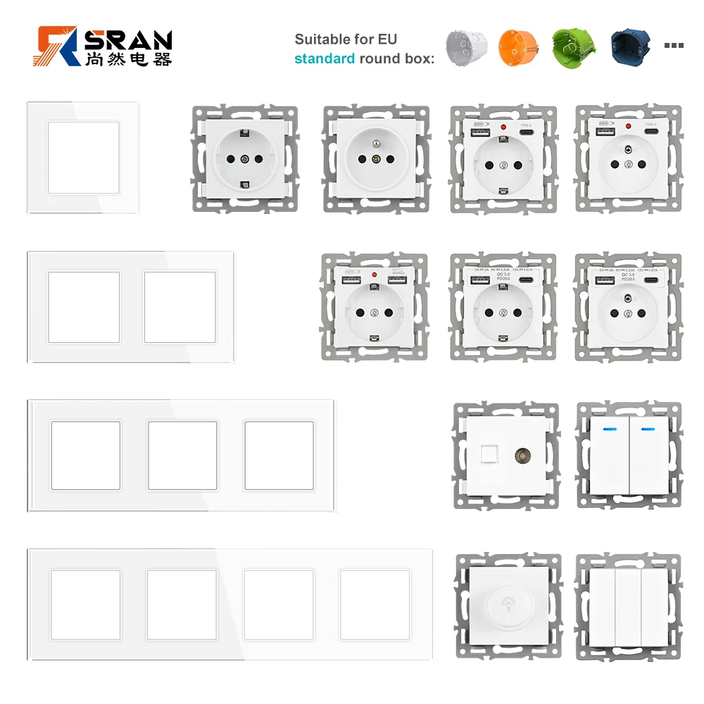 SRAN EU FR Type c ومقبس حائط USB 1-5 إطار لوحة زجاجية مجموعة تركيب عمودية للصناديق الدائرية