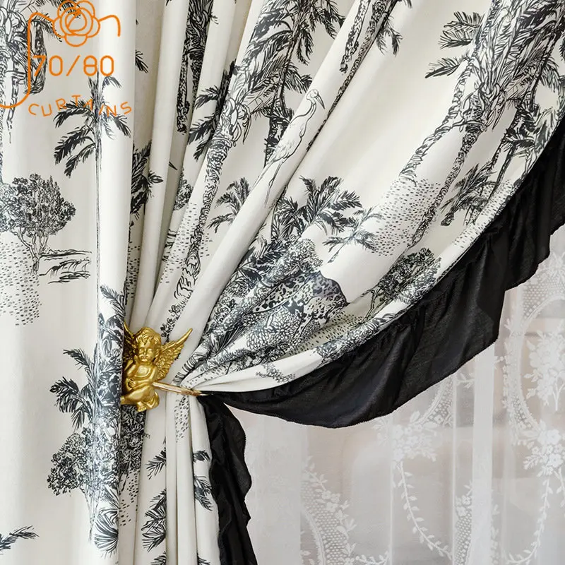 French Velvet Coconut Tree Black Print Lace Edge Curtains for Living Room Bedroom Balcony Float Window Partition Curtain