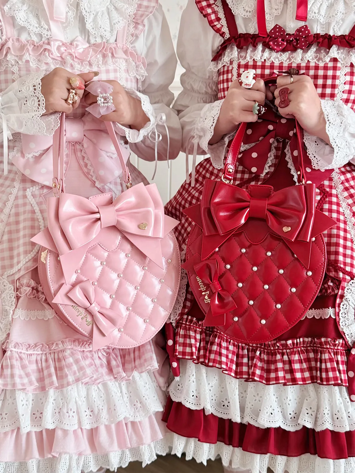 Lolita Pearl Strawberry Bag Three-dimensional Bow Handbag Cute Sweet Messenger Bag Kawaii Girl Lolita Bag