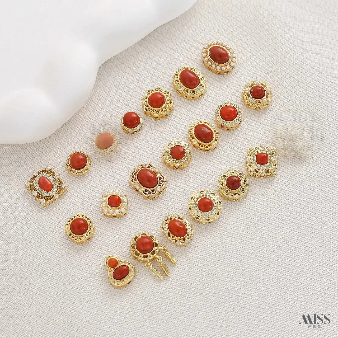 18K Gold Plated Copper Inlaid Natural Red Agate Hollow Beads, DIY Braided Rope Bracelet Necklace Jewelry Accessories