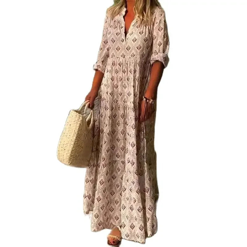 2024 Elegant Print Deep V Neck Dresses Women Spring Autumn Long Sleeve Loose Large Hem Long Gown Female Comfortable Casual Dress