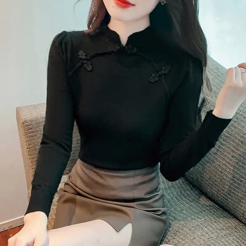 Sweet Stand Collar Button Knitted Puff Sleeve Blouses Female Clothing 2024 Autumn Winter New Slim All-match Tops Chic Shirts