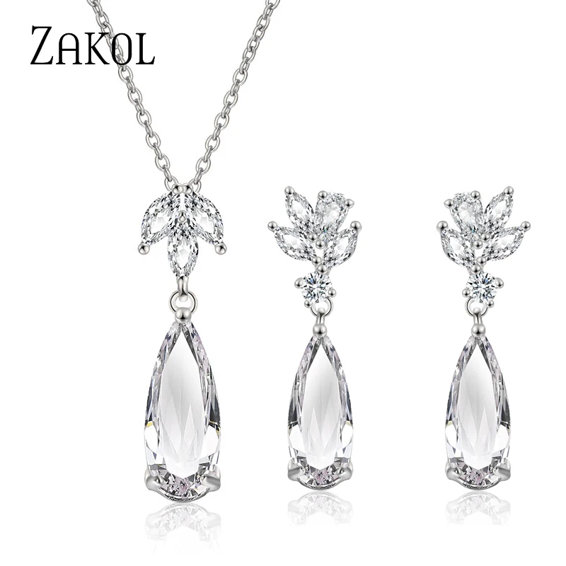 ZAKOL Romantic Water Drop Cubic Zirconia Necklace Earrings Jewelry Sets for Women Luxury Wedding Accessories SP3169