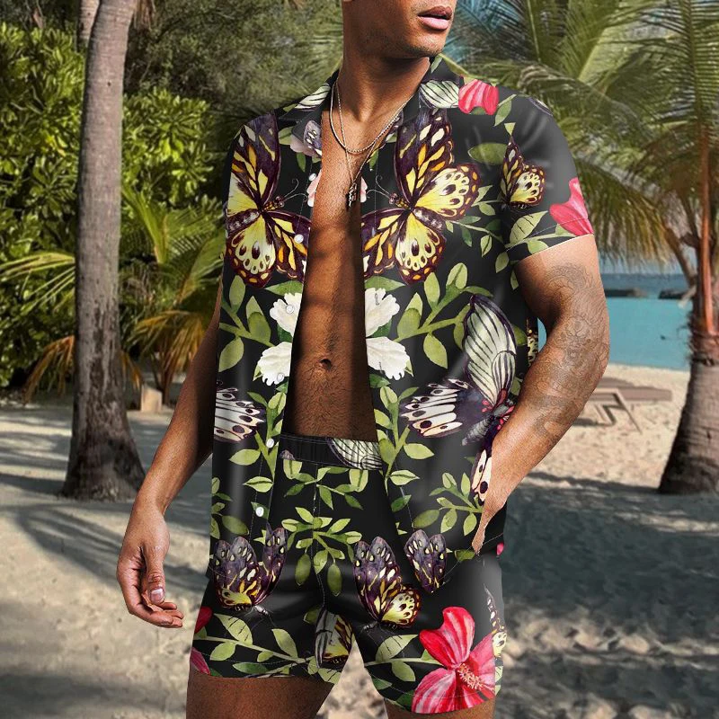 Men\'s Two Piece Summer Men Set High Quality Hawaiian Short Sleeve Shirt with Floral Print Beach Shorts Streetwear Holiday Trip