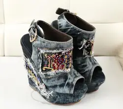 Ciemnoniebieskie dżinsy Denim haft kolorowe Rhinestone Peep Toe sandały na koturnie damskie letnie platformy 12-15 CM buty na wysokim obcasie