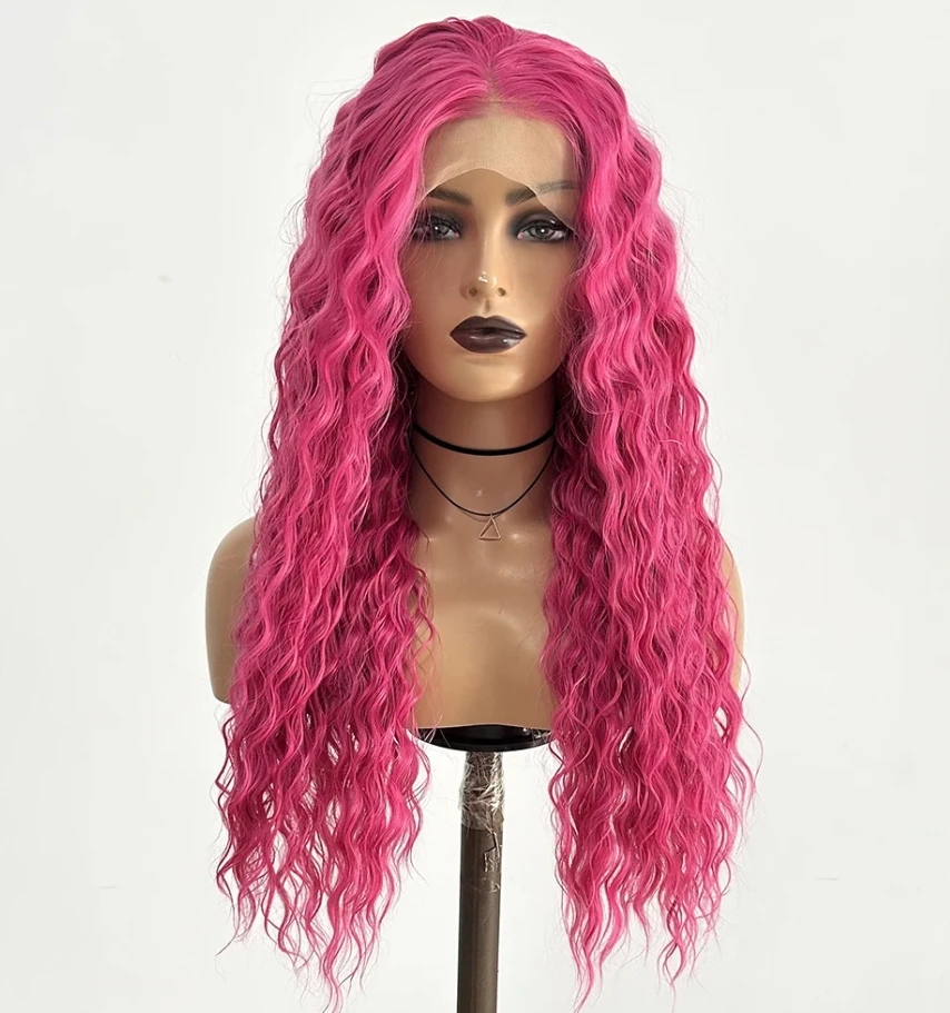 Hot Pink Wig Deep Wave Synthetic Lace Front Wig Glueless Natural Hairline Rose Red Long Curly Hair Lace Frontal Wigs for Women