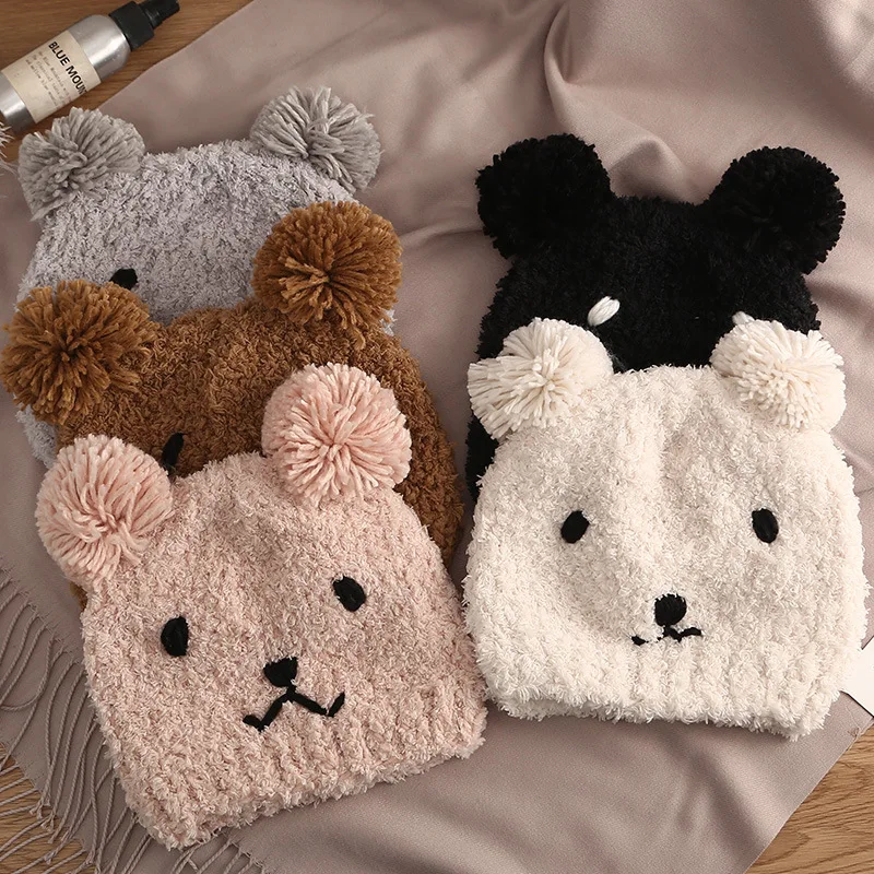 Bear Ears Plush Beanies Hat Winter Cute Warm Thickened Knitted Cap Korean Version Sweet Versatile Ear Protection Women's Hats