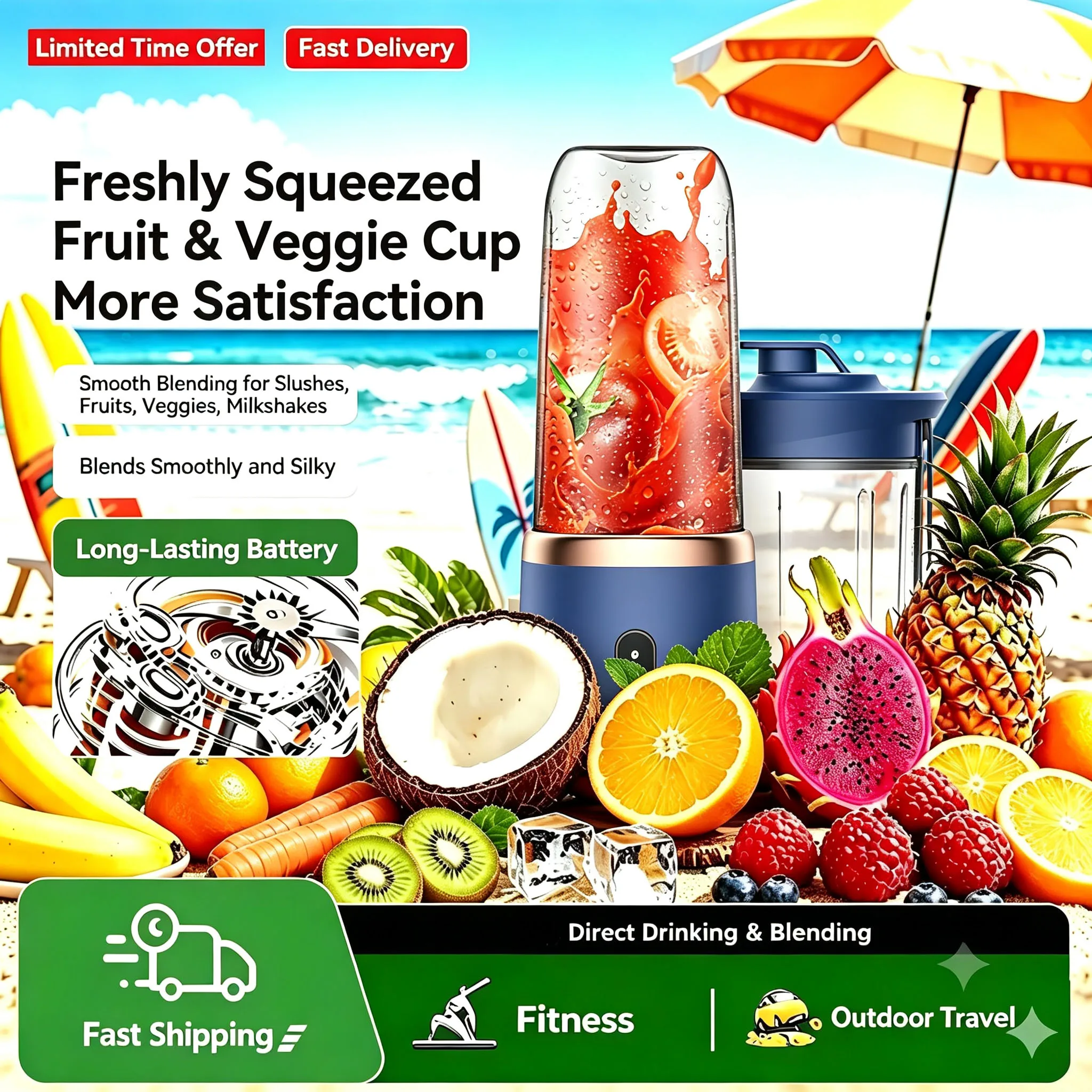 Image of 6-Klingen-Doppelbecher Tragbarer USB-Aufladbarer Mini-Elektro-Entsafter Persönlicher Frucht-Smoothie-Mixer für Zuhause, Fitness-Studio und Camping