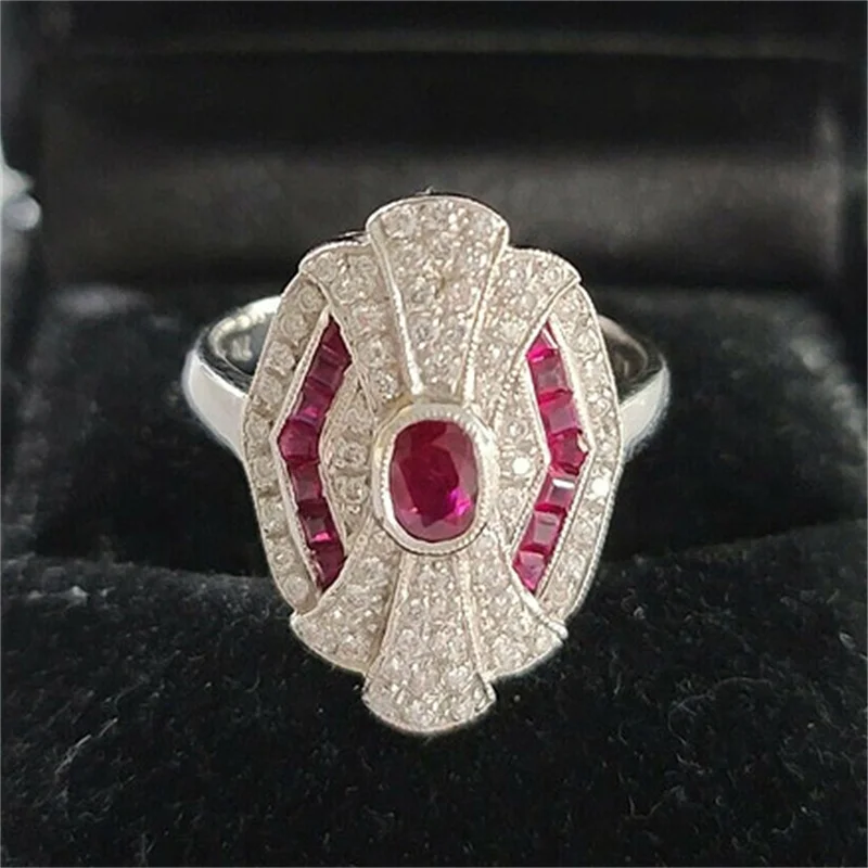 

New Fashion Temperament Red Zircon Women's Ring New Wedding Jewelry Shiny Diamond Headwear Wholesale