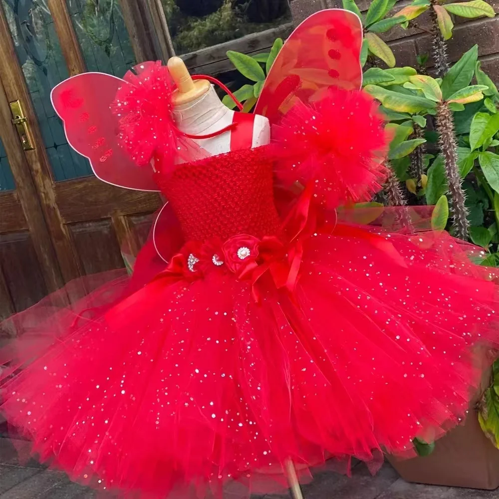 Girls Red Glitter Flower Fairy Dress Kids Sparkled Butterfly Tutu Dress Outfit Children Birthday Christmas Costumes Party Dress