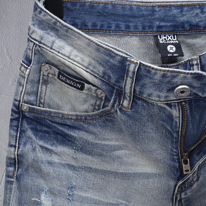 Street Fashion Men Jeans High Quality Retro Blue Stretch Slim Fit Ripped Jeans Men Patched Designer Vintage Denim Pants Hombre