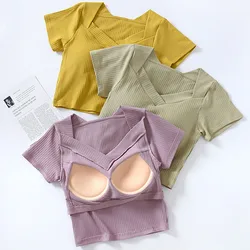 Short Sleeved V-Neck T-Shirt Chest Pad Underwear Top Cotton Summer Pajamas Tops Casual Sleepwear Bottoming Shirt For Women