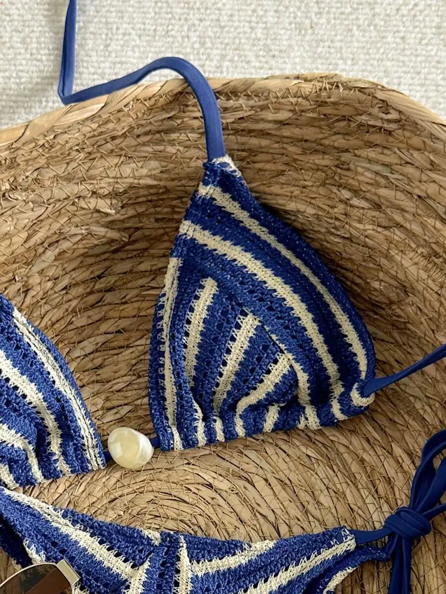 

Women Two Pieces Striped Knit Triangle Halter Swimwear With Beaded Detail