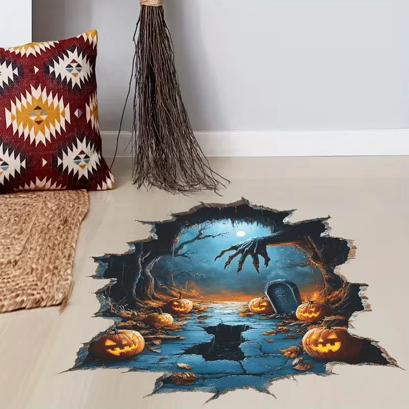 Halloween wall stickers, floor stickers, horror cracked wall art, including ghost hands and pumpkins, self-adhesive stickers