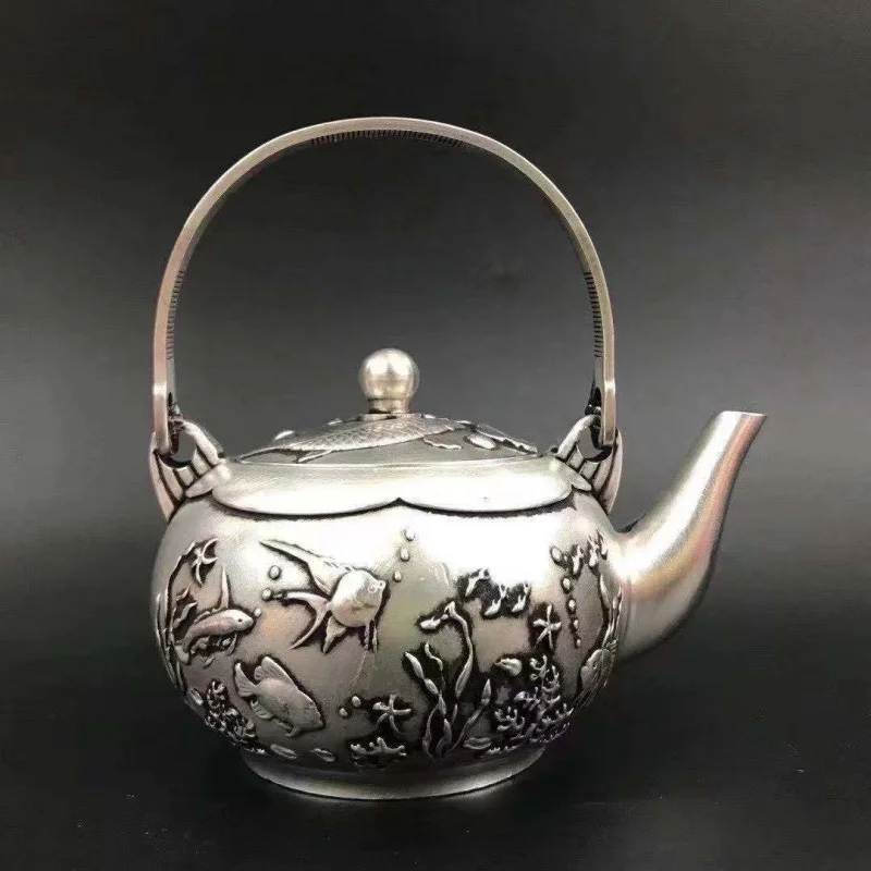 

Antique Imitation Vintage Craft White Copper Silver-Plated Lotus Fish Kettle Handle Pot Ornament Home Decor Wholesale