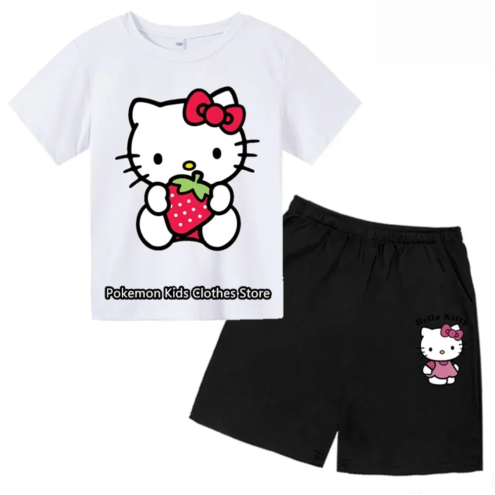 2024 Summer Girls Hello Kitty Short Sleeve T-shirt+Shorts Sets Clothes Children Fashion Clothing Outfits Kids Casual Tracksuits