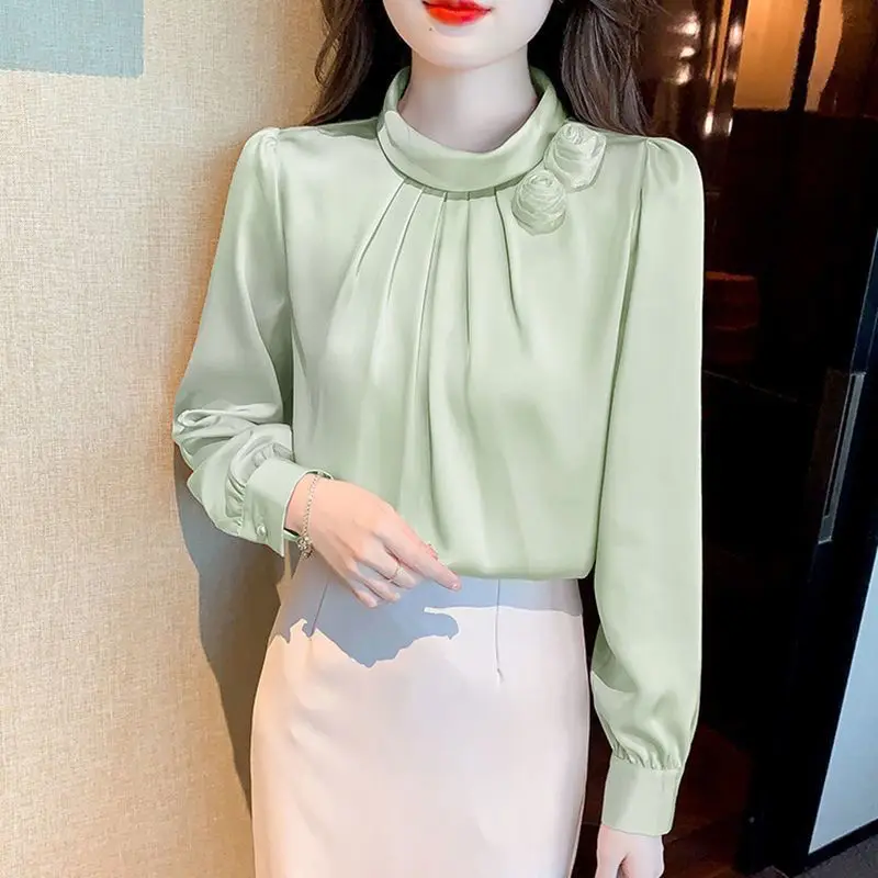 Elegant Solid Color Spliced Flowers Folds Blouse Women Clothing 2022 Autumn New Loose Casual Pullovers Fashion Office Lady Shirt