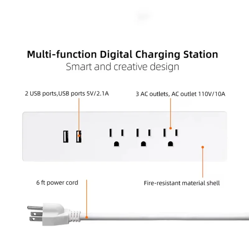 Stopkontak Listrik di Bawah Meja dengan 2 Port USB-A, Strip Daya untuk Meja