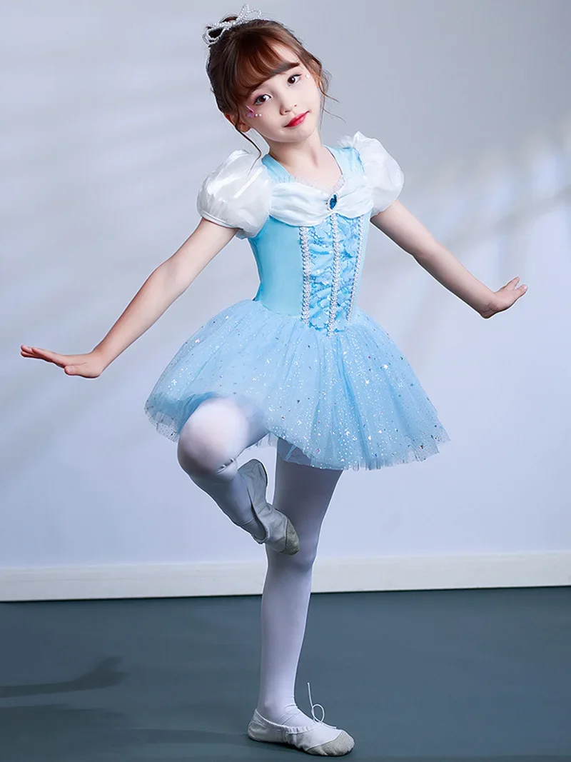 Vestido de bailarina para meninas, malha tutu, vestido bailarino azul, traje de balé, biela aberta, collant de ginástica de palco