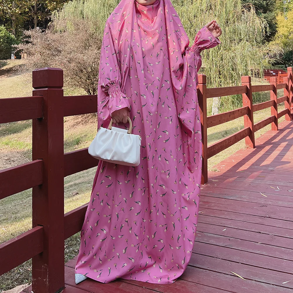 Jilbabs for Women One Piece Printed Prayer Dress Muslim Abaya with Integrated Veil Islamic Products Ramadan Modest Outfits Dubai