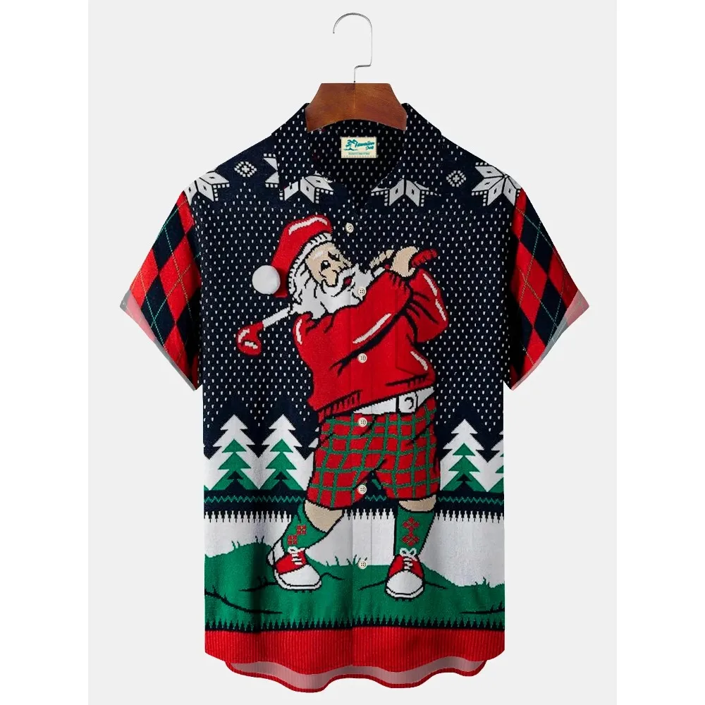 2024 New New Year Men's Christmas Shirt Short Sleeve Button Holiday Hawaiian Shirt Men's Santa Claus Golf Printing