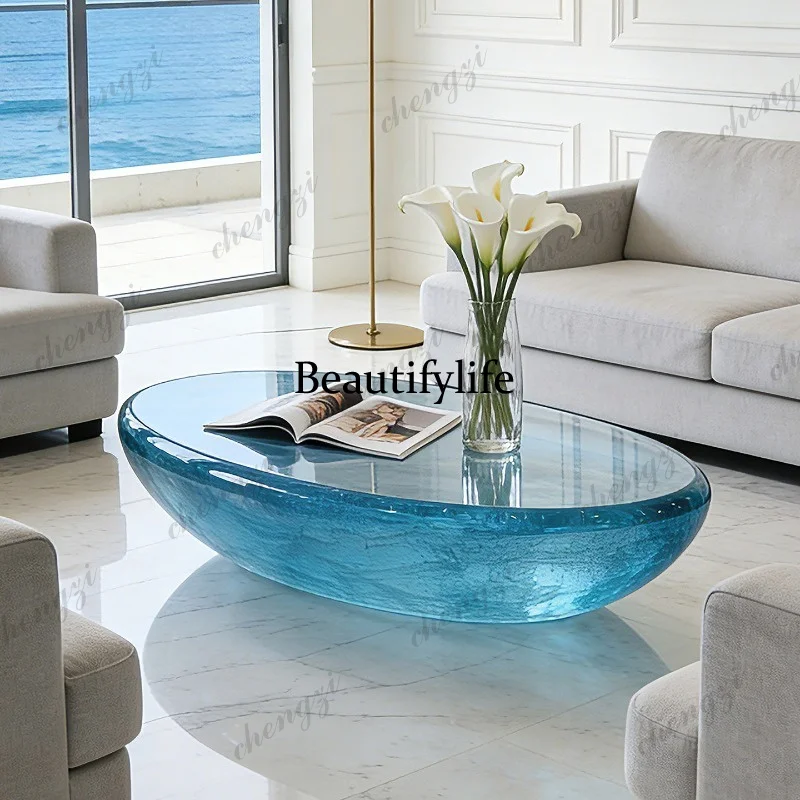 Modern Italian blue crystal coffee table high-end hotel living room transparent resin art furniture