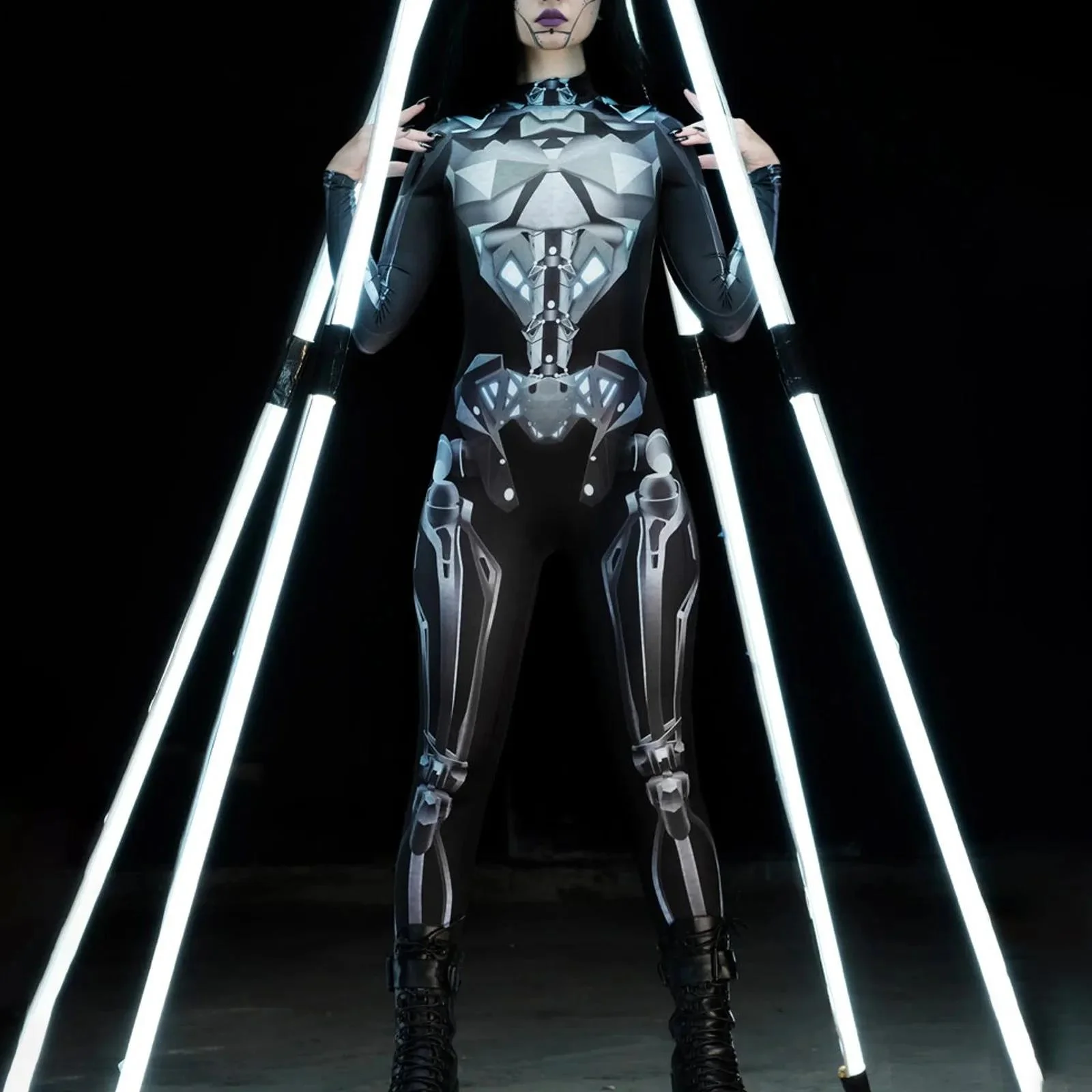 

Cosplay Women Skeleton Robot 3D Printing Bodysuit Zipper Back Halloween Costume Full Body Bodysuit New Years Eve Romper 2024