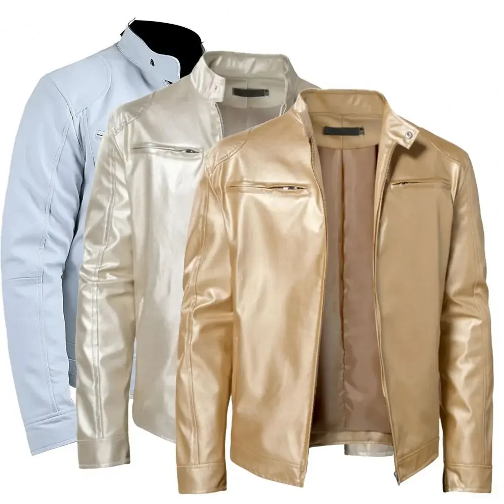 Shiny Gold Leather Jackets for Men Night Club 2024 Mens Fashion Leather Jacket Anti-Wind Motorcycle Hip Hop Coat