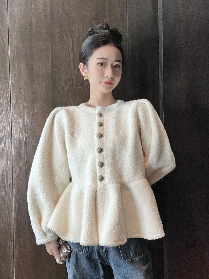 Korea Skirt Style Lamb Velvet Sweet Coat Chic Buttons Single Breasted Ruffles Coats Korean Solid Puff Long Sleeves Jacket