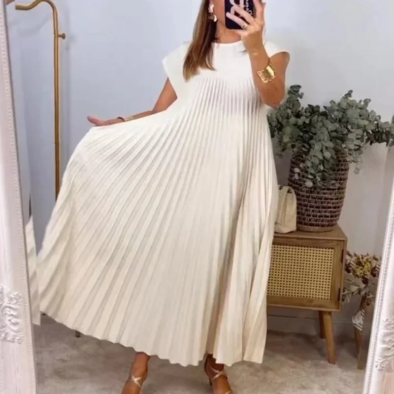 Female Solid Color Loose Swing Sleeveless Long Dress Round Collar Basic Pleated Dress Spring Summer Casual Wome Beach Boho Robe