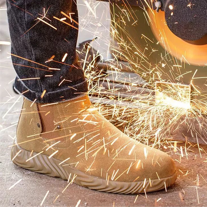 Anti Scalding Welding Boots Men Work Shoes Quality Safety Boots Men Puncture-Proof Indestructible Shoes Cowhide Protective Shoes