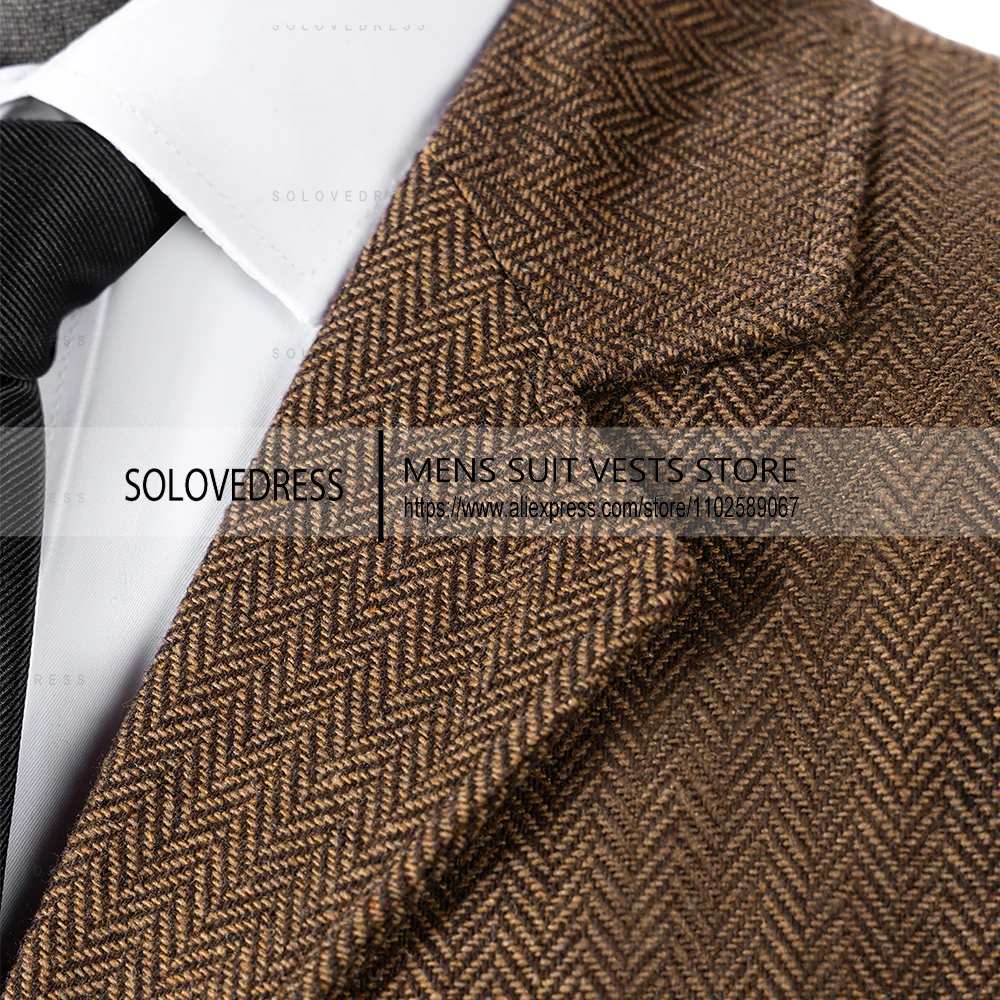 남성용 헤링본 조끼 트위드 수트 싱글 브레스티드 비즈니스 조끼 재고 있음