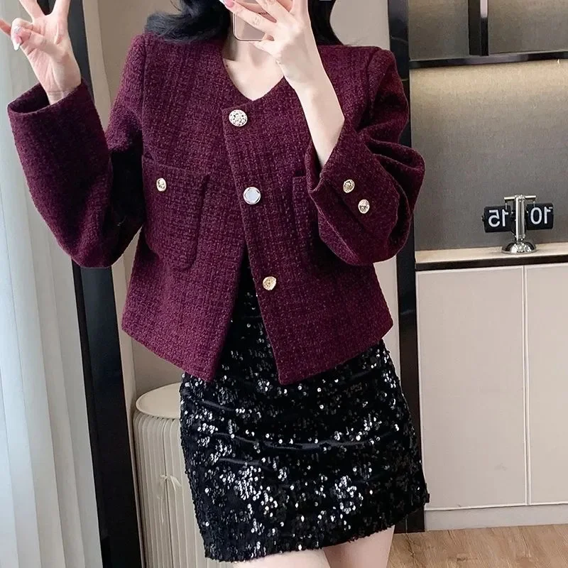 New Autumn Winter Women Tweed Coat Korean Fashion Single Breasted Cropped Jacket Woman Elegant Loose Short Outerwear Clothes