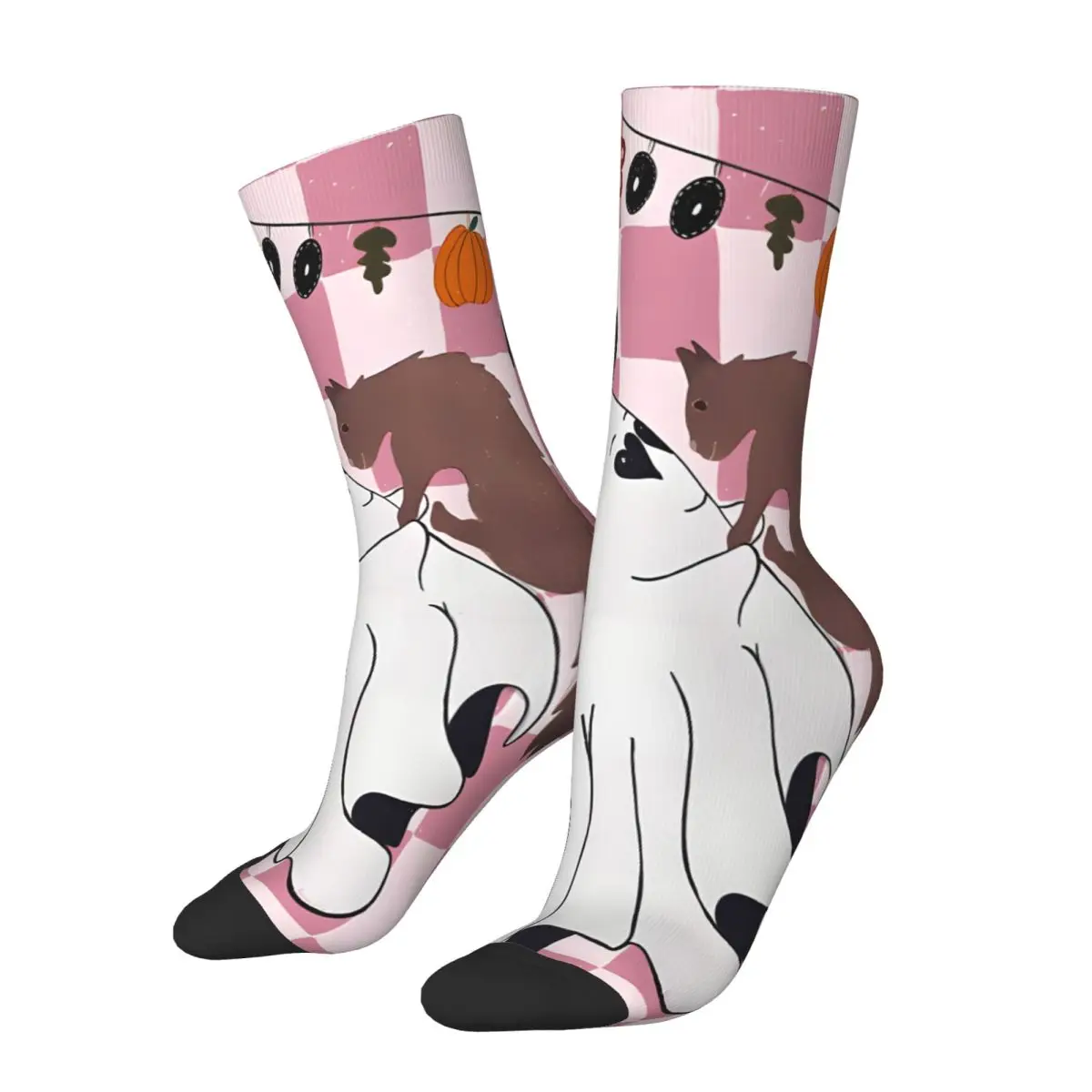 Crazy compression Boo Halloween With Cat And Bat Pink And Blush Background Sock for Men Harajuku Seamless Pattern Crew Sock