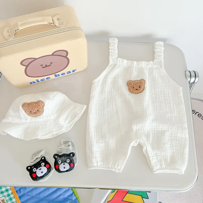 MILANCEL Summer Infant Baby Clothes Bear Sling Romper Hat 2PCS Set Solid White Toddler One Piece Sleeveless Overalls